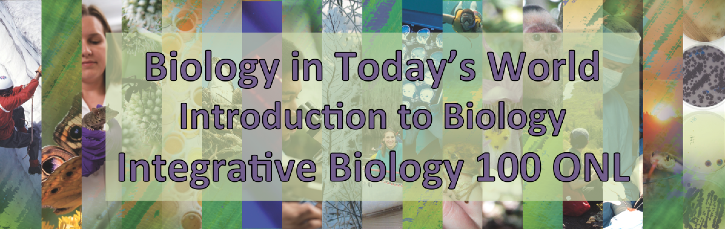 striped banner saying: Biology in Today's World, Introduction to Biology, Integrative Biology 100 ONL